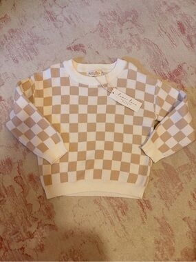 NWT Luna + Luca Kids Checkerboard Knit Sweater - Cream & Tan